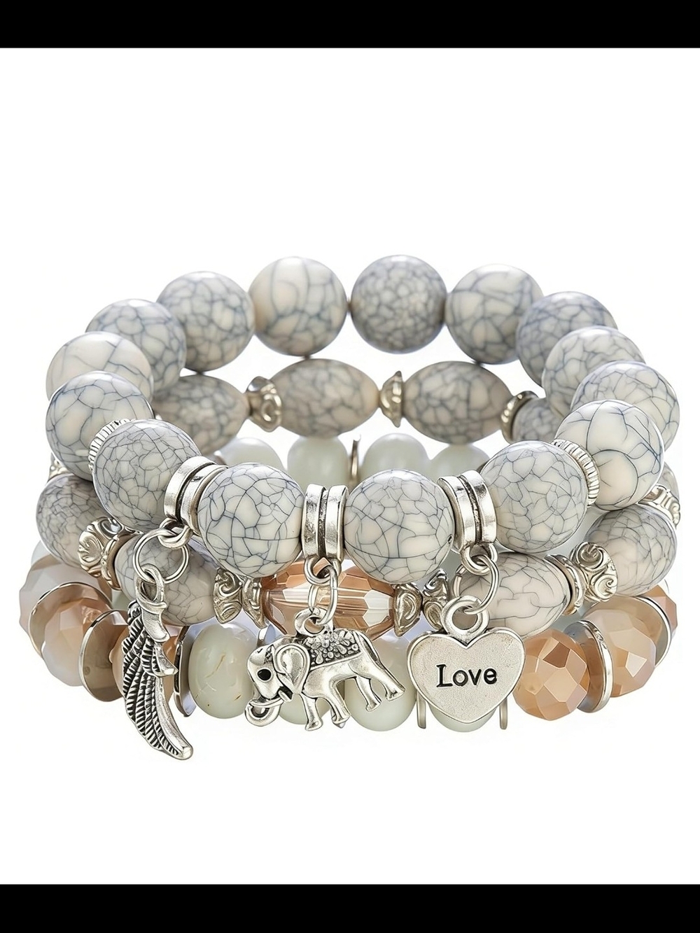 Stacked Gray Marble Bead Charm Bracelet Set - Love Elephant Wing Accent